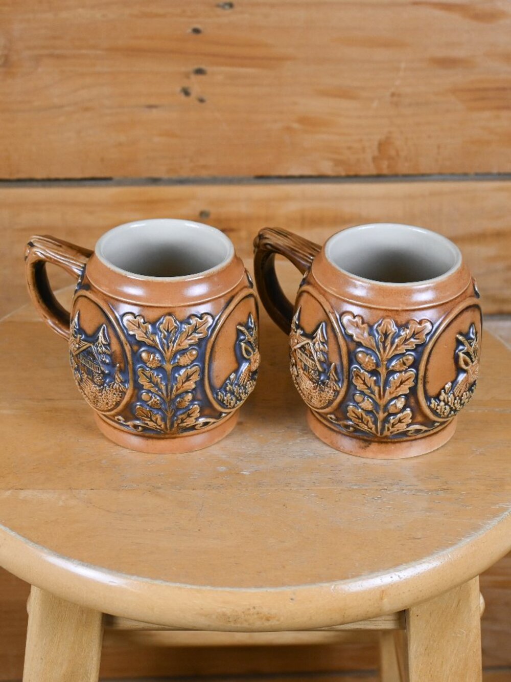 Pair of Gerzit Gerz Ceramic Small Beer Stein Mugs With Forest Scenery